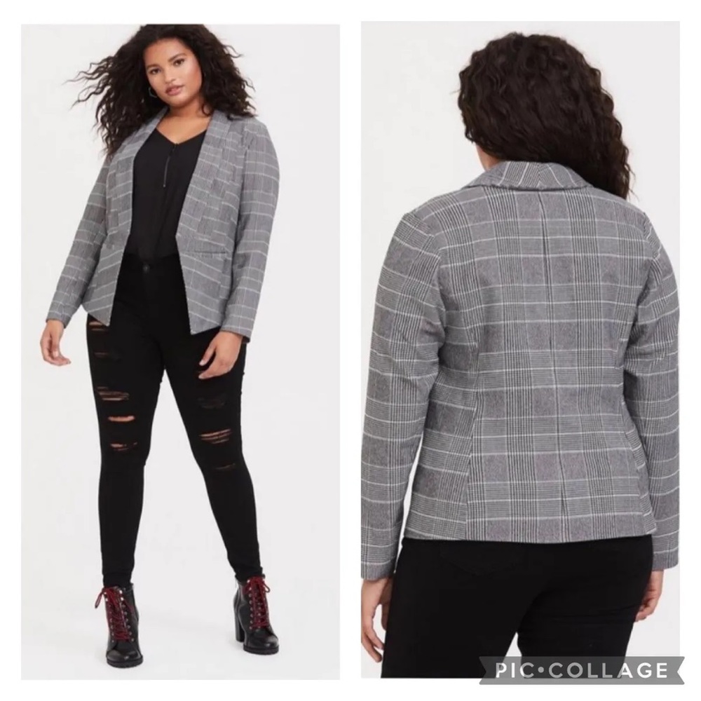 Torrid Black White Glen Plaid Houndstooth Cutaway Stretch Open Blazer 1 1X